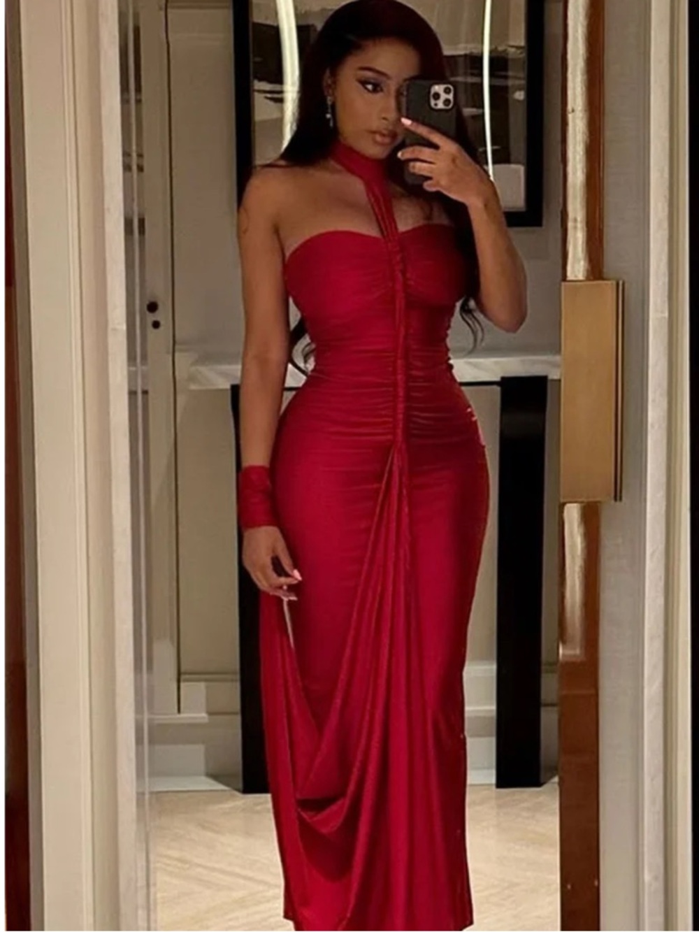 Red Strapless Ruched Evening Gown
